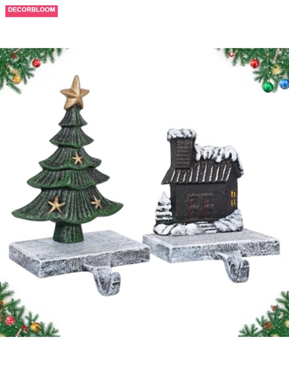 Set of 2 Cast Iron Christmas Stocking Holders 3D Tree & Cottage Mantel Hooks